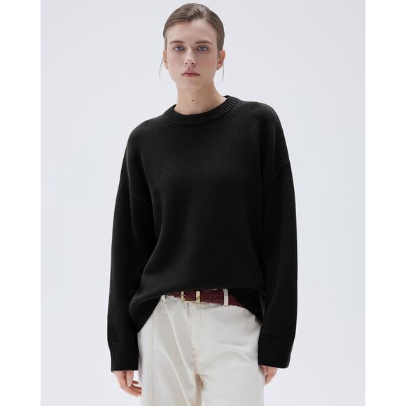 Women Cashmere Blend Oversized Crew Neck Jet Black Soft Warm Pullover Sweater - Picture 4 of 5